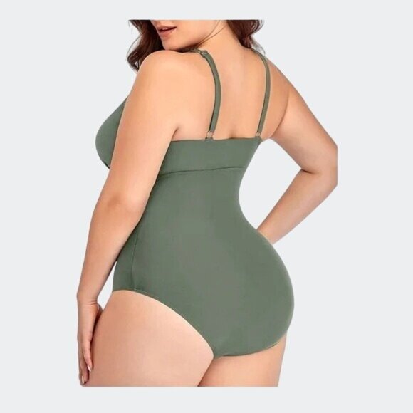 Daci Olive Green One-Piece Swimsuit With Adjustable Straps & Waist Detail 20W - Picture 2 of 15